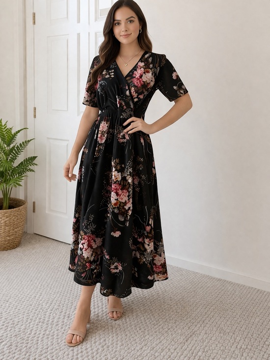 Source Unknown Dresses & Skirts - Black Floral Maxi Dress Surplice Neck Short Sleeve Flowy Women’s Size L